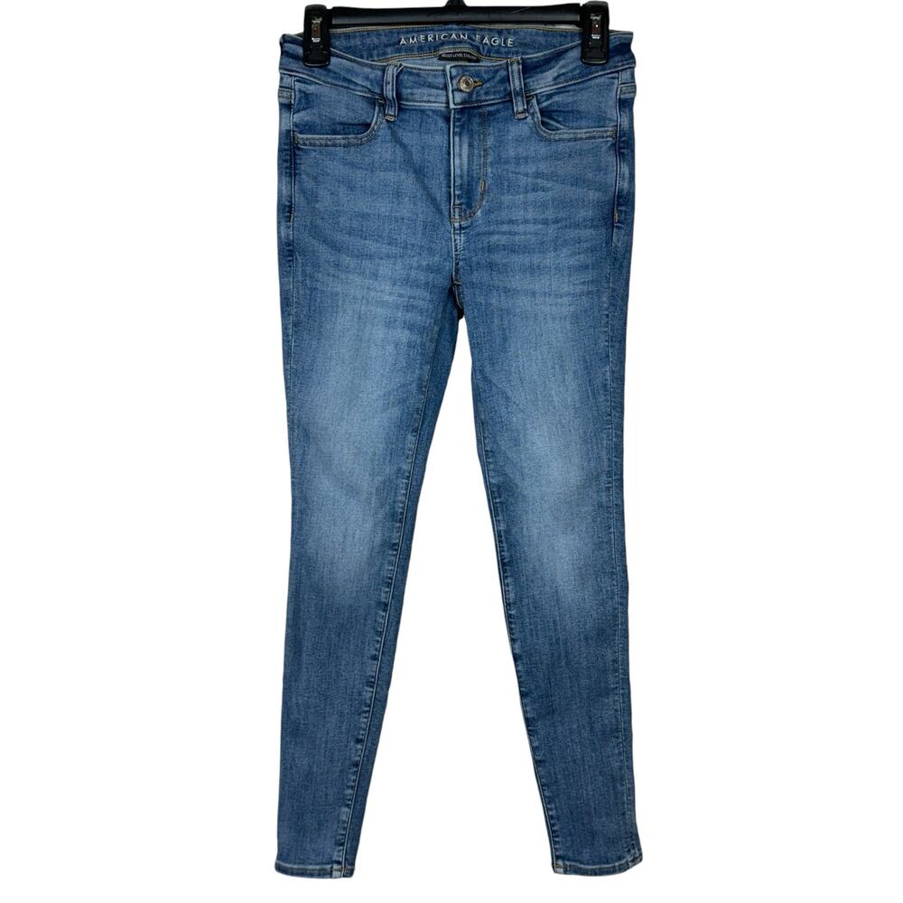 American Eagle SZ 4 SHORT Jeggings Jeans Stretch Low-Rise Zip-Fly Whiskered Blue
